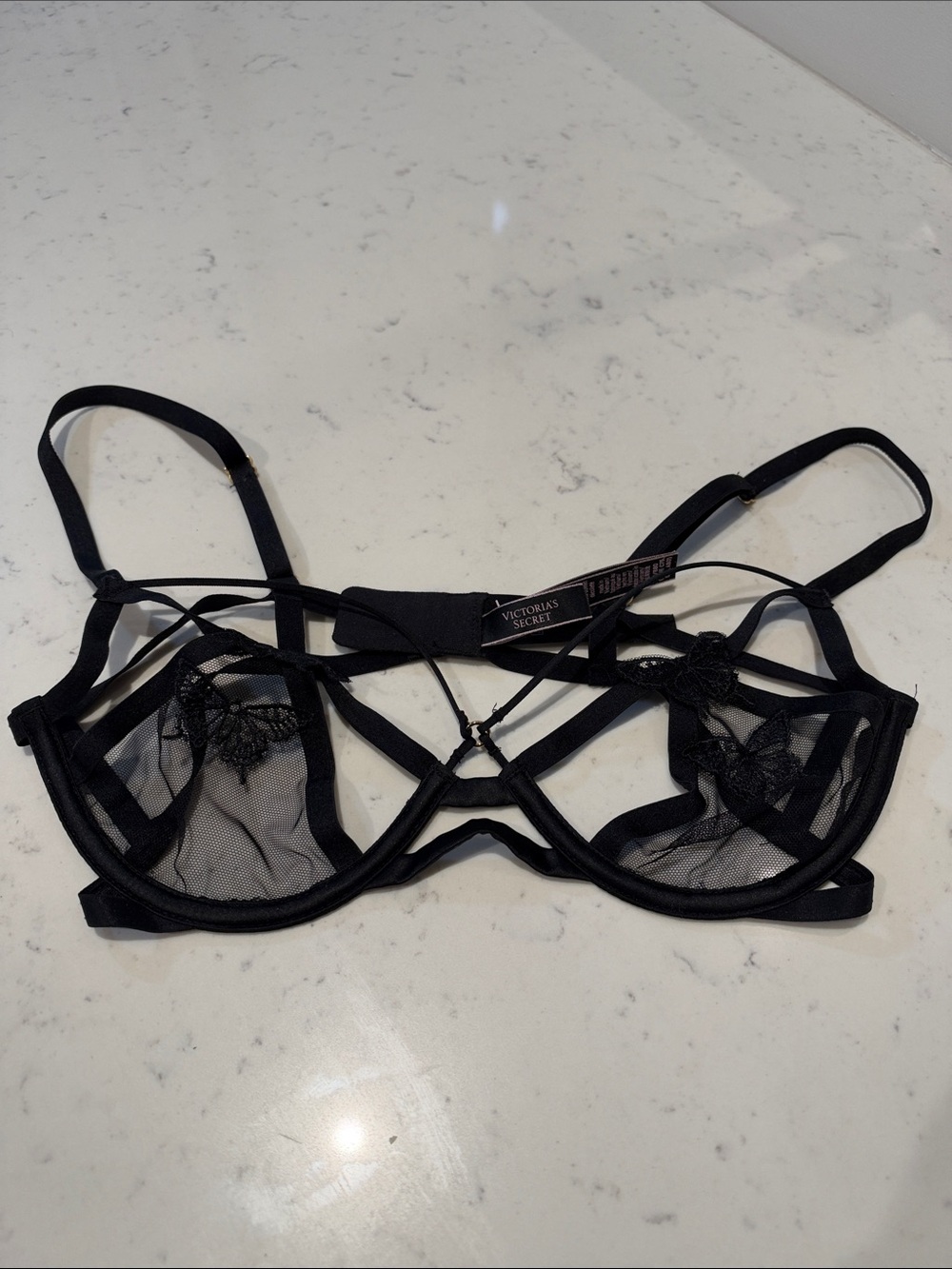 Victoria's Secret Black Strappy Sheer Embroidered Underwire Bra